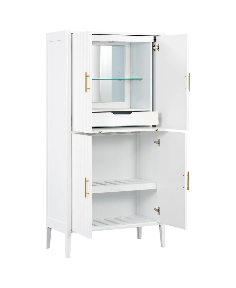 Streamdale Furniture Modern Fluted 4-Door Wine Cabinet with Glass Display and Stemware Rack