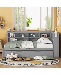 Streamdale Furniture Wooden Daybed with Twin Trundle Storage Shelf and Usb Ports