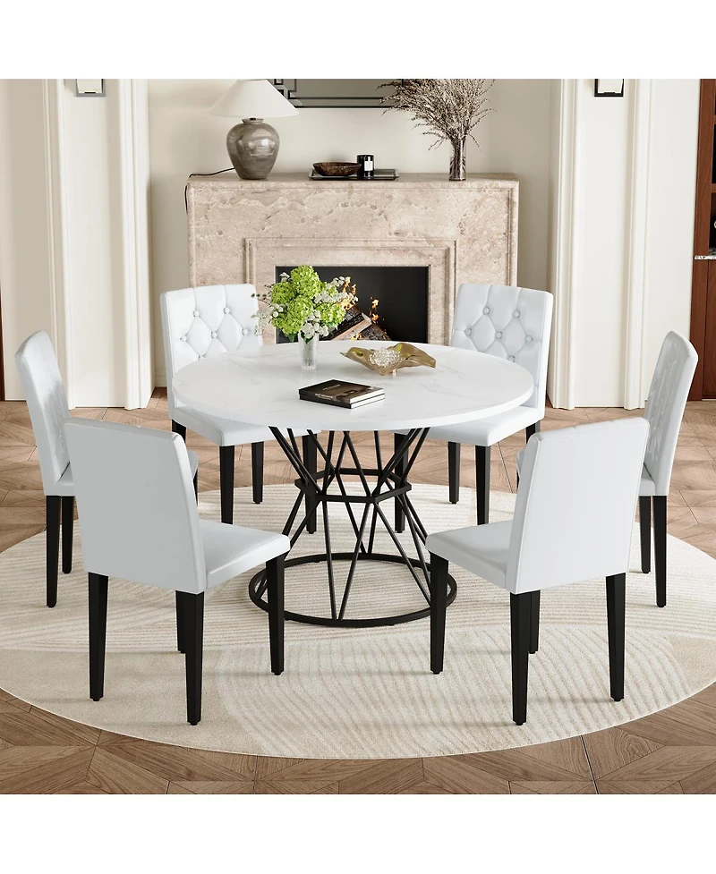 Streamdale Furniture 47.3 inch Circular Mdf Dining Table with 6 Ergonomic Pu Chairs