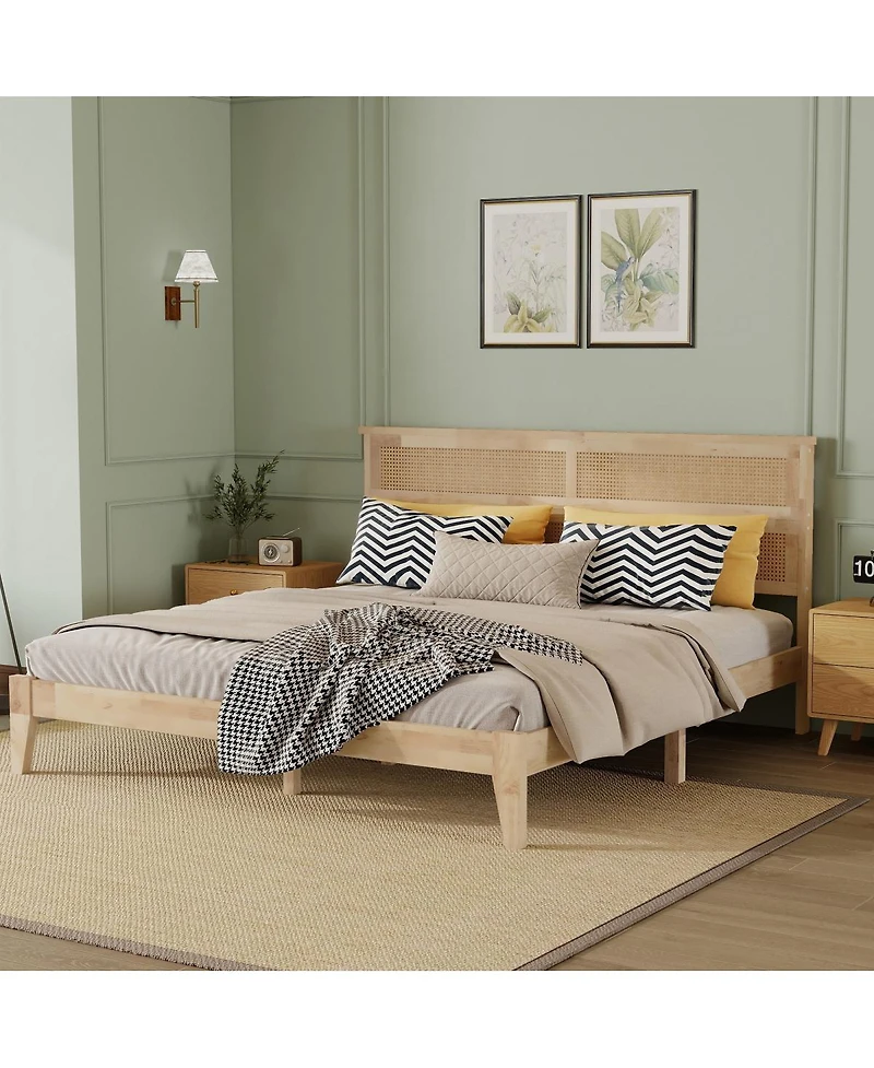 Streamdale Furniture King Size Solid Wood Bed with Rattan Headboard and Central Support