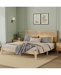 Streamdale Furniture King Size Solid Wood Bed with Rattan Headboard and Central Support