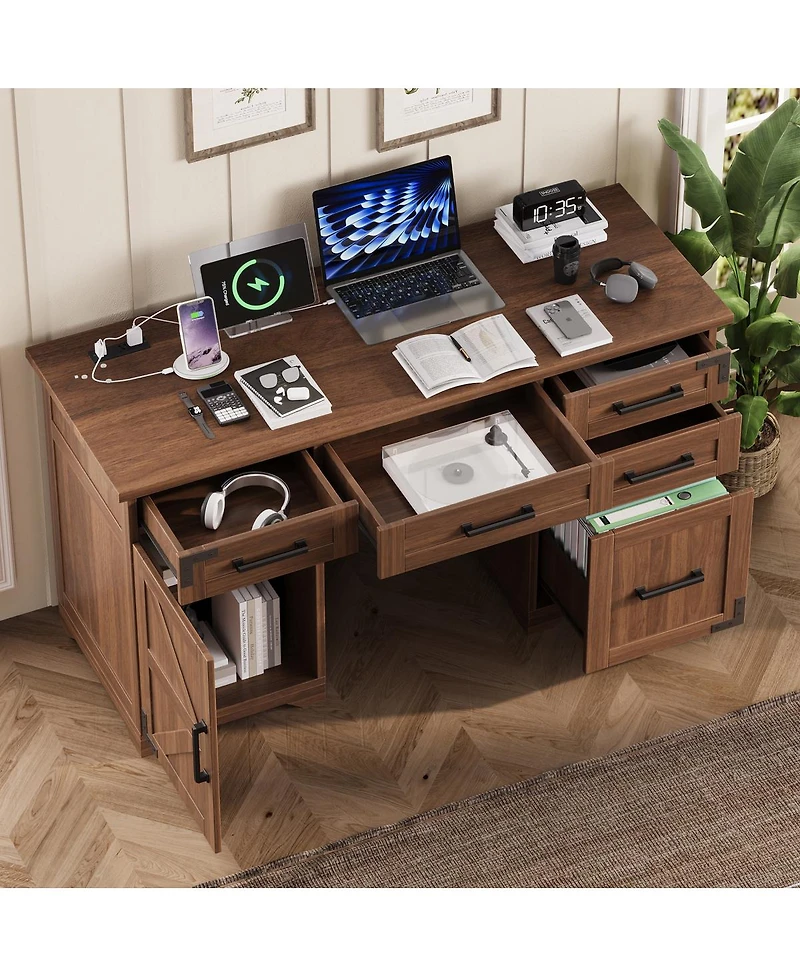 Streamdale Furniture 5'' Farmhouse Executive Desk with Charging Station 5 Drawers and Cabinet Walnut
