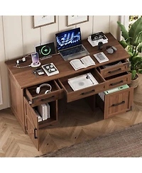 Streamdale Furniture 5'' Farmhouse Executive Desk with Charging Station 5 Drawers and Cabinet Walnut