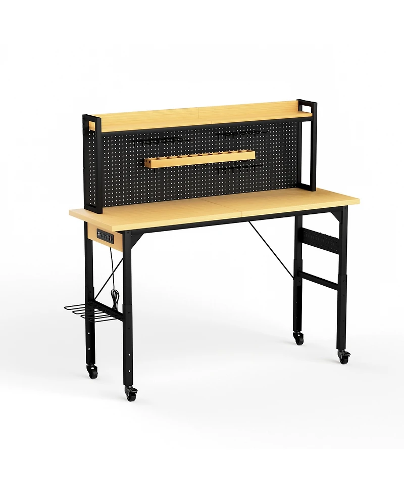 Streamdale Furniture 71'' Heavy-Duty Adjustable Workbench with Pegboard Wheels and Power Outlets