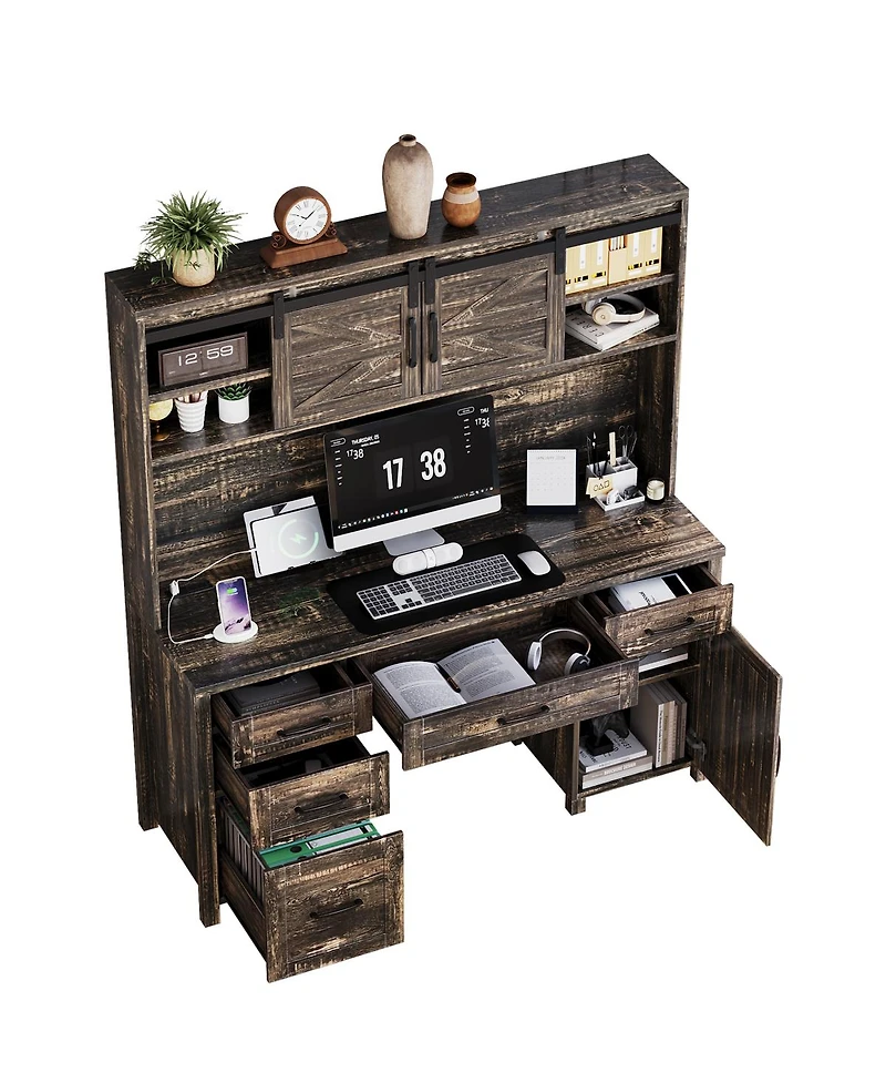 Streamdale Furniture Farmhouse Executive Desk with Hutch Charging Station and Barn Door Storage