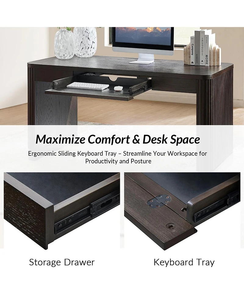 Hulala Home Damaris Aranza 60"W Solid Wood Base Fluted Desk with Cable Management