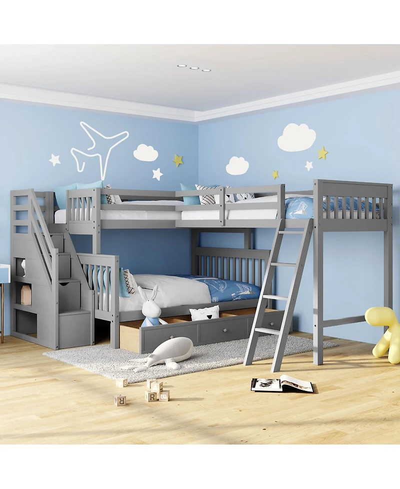 Streamdale Furniture -Shaped Bunk Bed With 3 Drawers Ladder and Staircase