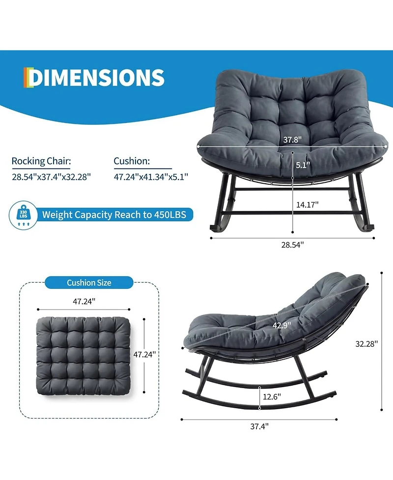 gaomon Oversized Papasan Rocking Chair Egg-Shaped Rattan Chaise Lounge with Removable Cushion, Metal Frame and Non-Slip Feet for Patio and Garden