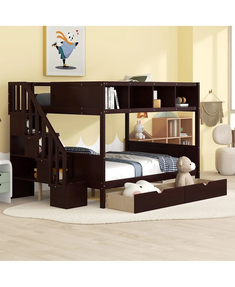Streamdale Furniture Twin over Full Bunk Bed with Shelfs Storage Staircase and 2 Drawers Espresso