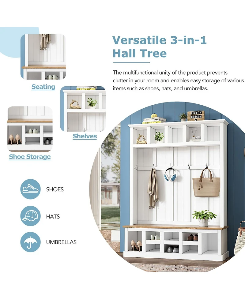 Streamdale Furniture Farmhouse Hall Tree with Storage Bench Shoe Cabinet and 6 Coat Hooks