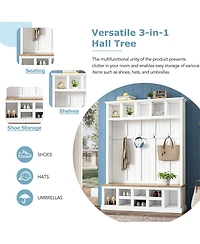 Streamdale Furniture Farmhouse Hall Tree with Storage Bench Shoe Cabinet and 6 Coat Hooks
