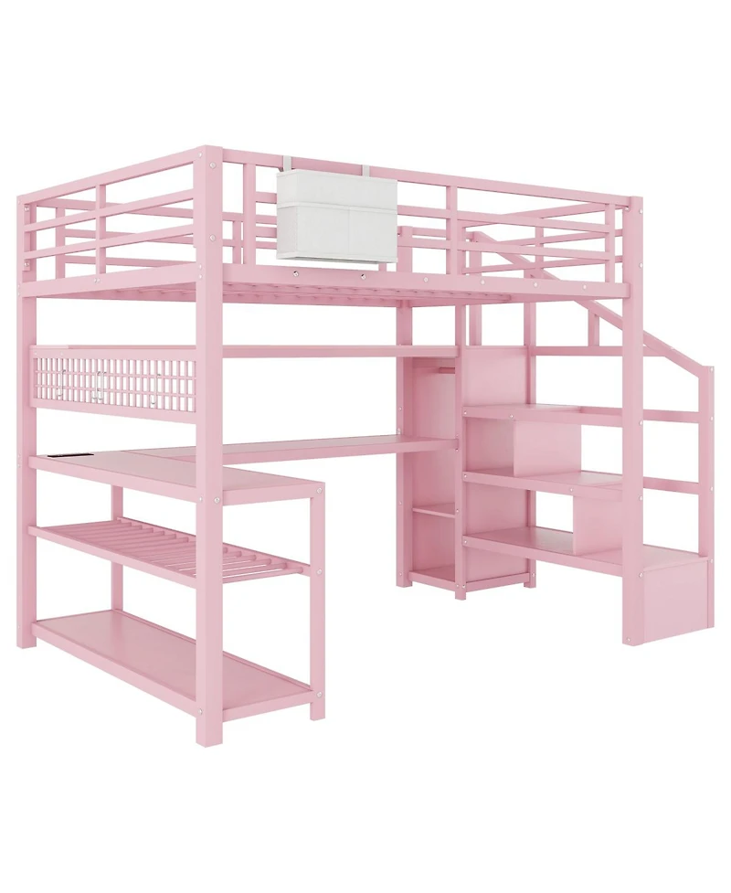Streamdale Furniture Full Size Metal Loft Bed with Staircase Desk Wardrobe and Led Lights