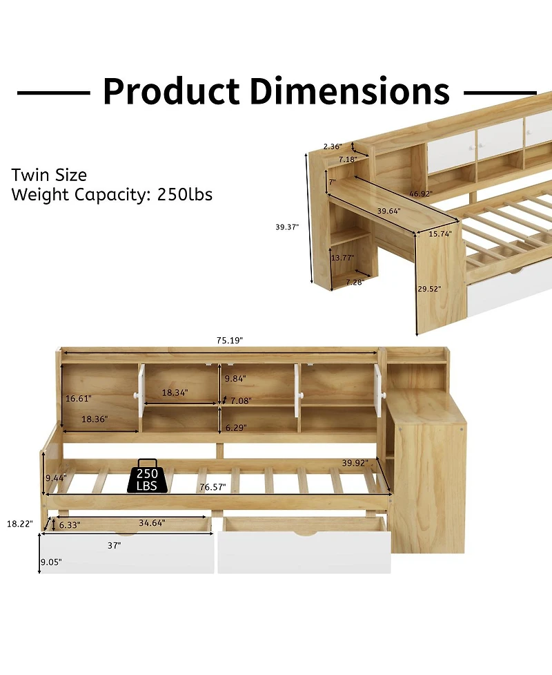 Streamdale Furniture Wooden L-Shape Daybed with Storage Desk and Bookshelf