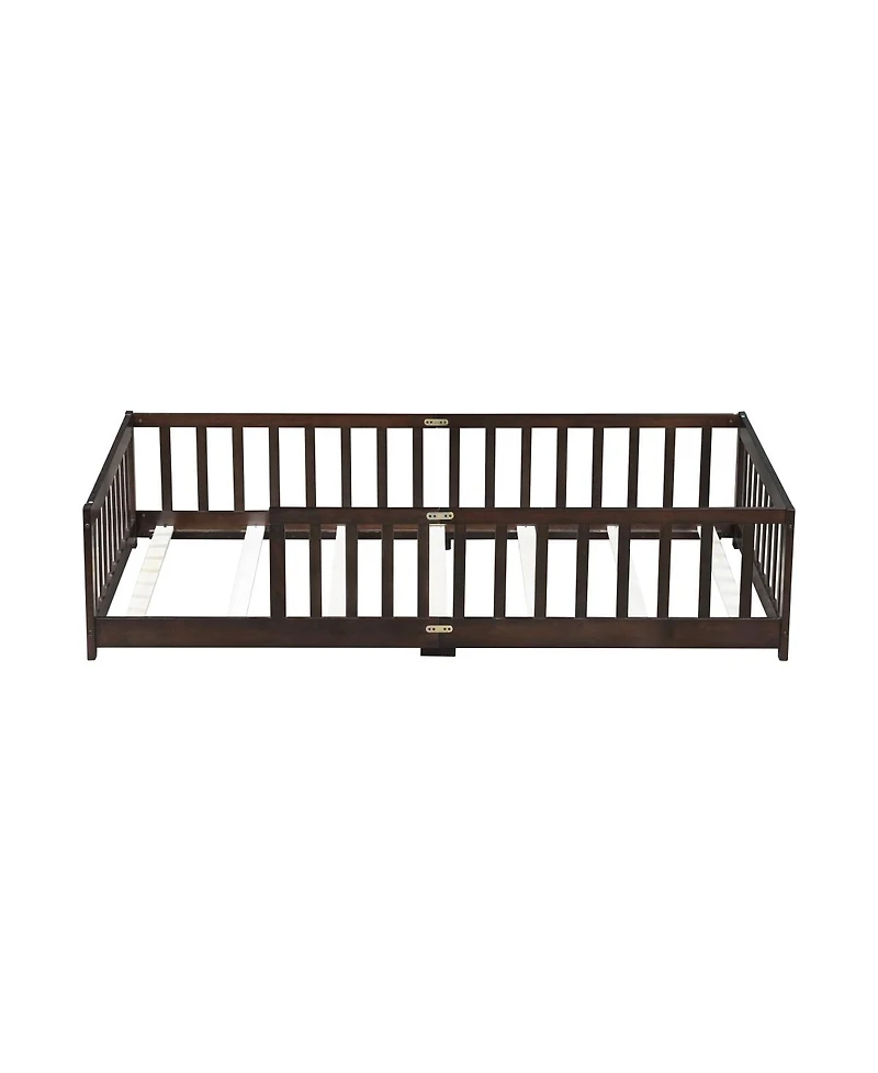Streamdale Furniture Twin Size Floor Bed with Fence Rubber Wood with Safety Guardrails Espresso