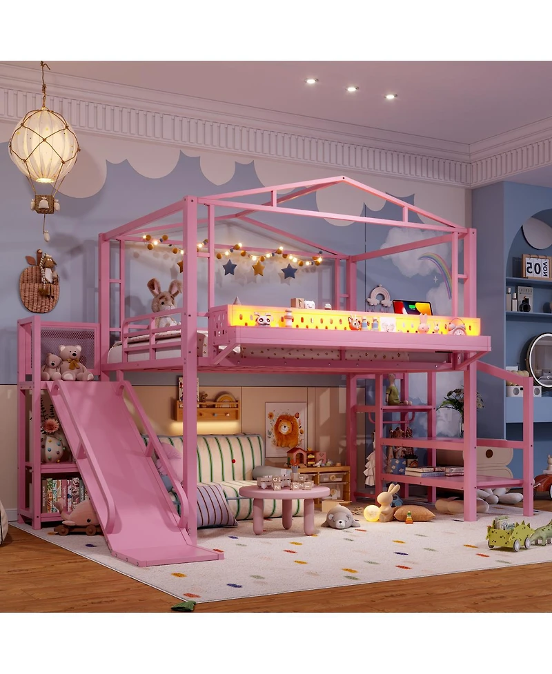 Streamdale Furniture Metal Loft Bed with Storage Wardrobe Usb and Led Lights