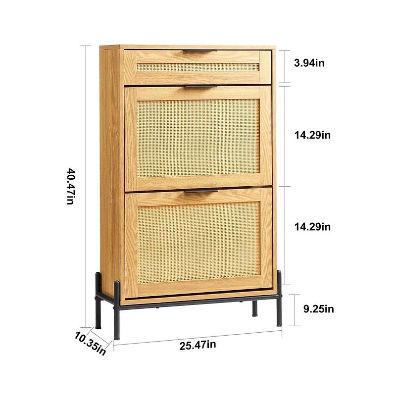 Sugift Narrow Rattan Shoe Cabinet with Flip Drawers, Slide Drawer, and Metal Frame