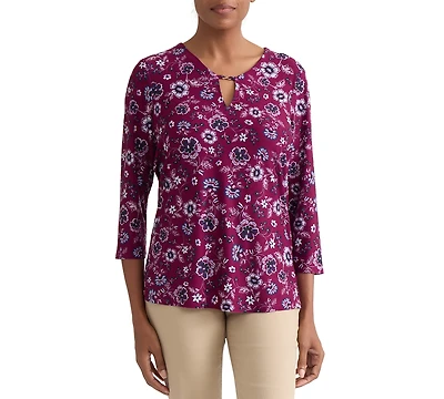 Jones New York Women's Floral Print Key-Hole Detail Top