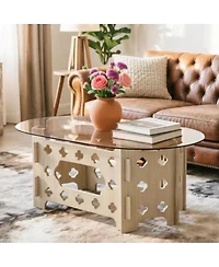 Streamdale Furniture Modern Oval Tempered Glass Coffee Table with Hidden Cat Nest and Wood Base