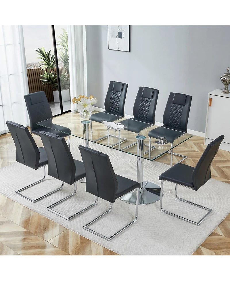 Streamdale Furniture 71 inch Tempered Glass Dining Table and 8 Pu Leather Chairs Set