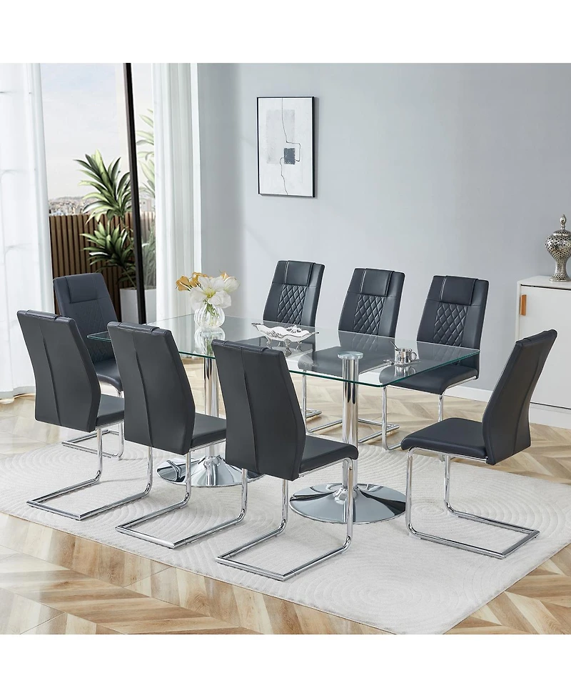 Streamdale Furniture 71 inch Tempered Glass Dining Table and 8 Pu Leather Chairs Set