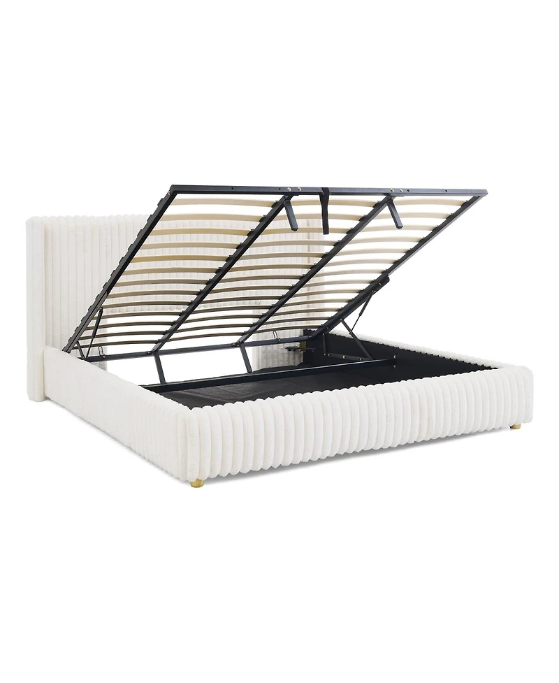 Streamdale Furniture Functional Striped Gas Lift Storage Bed Luxury Rabbit Fur Upholstered