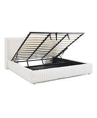 Streamdale Furniture Functional Striped Gas Lift Storage Bed Luxury Rabbit Fur Upholstered