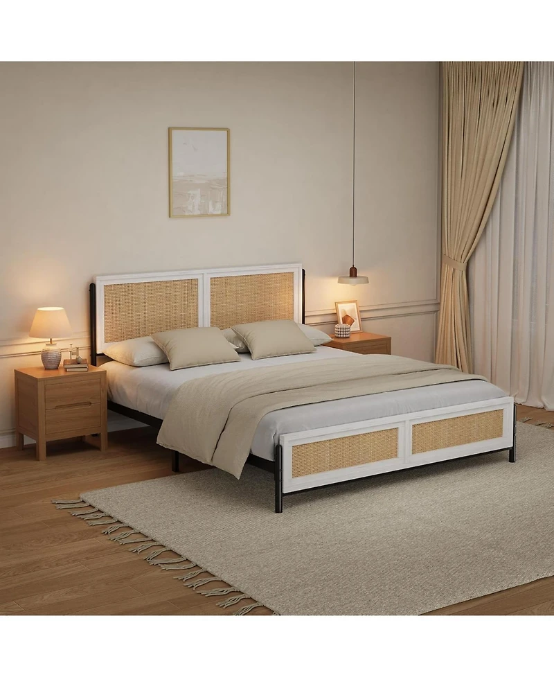 gaomon Boho Queen Size Rattan Bed Frame, Wooden Queen Platform Bed with Rattan Headboard and Footboard, No Box Spring Needed, Noise Free
