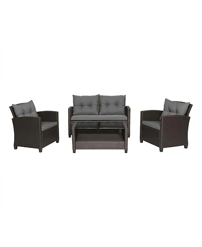 Sugift 4-Piece Rattan Patio Conversation Set with Glass Top Storage Coffee Table