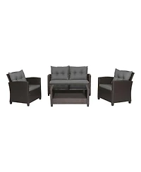 Sugift 4-Piece Rattan Patio Conversation Set with Glass Top Storage Coffee Table