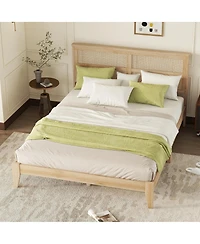 Streamdale Furniture Queen Size Solid Rubberwood Bed with Rattan Headboard and Support Feet