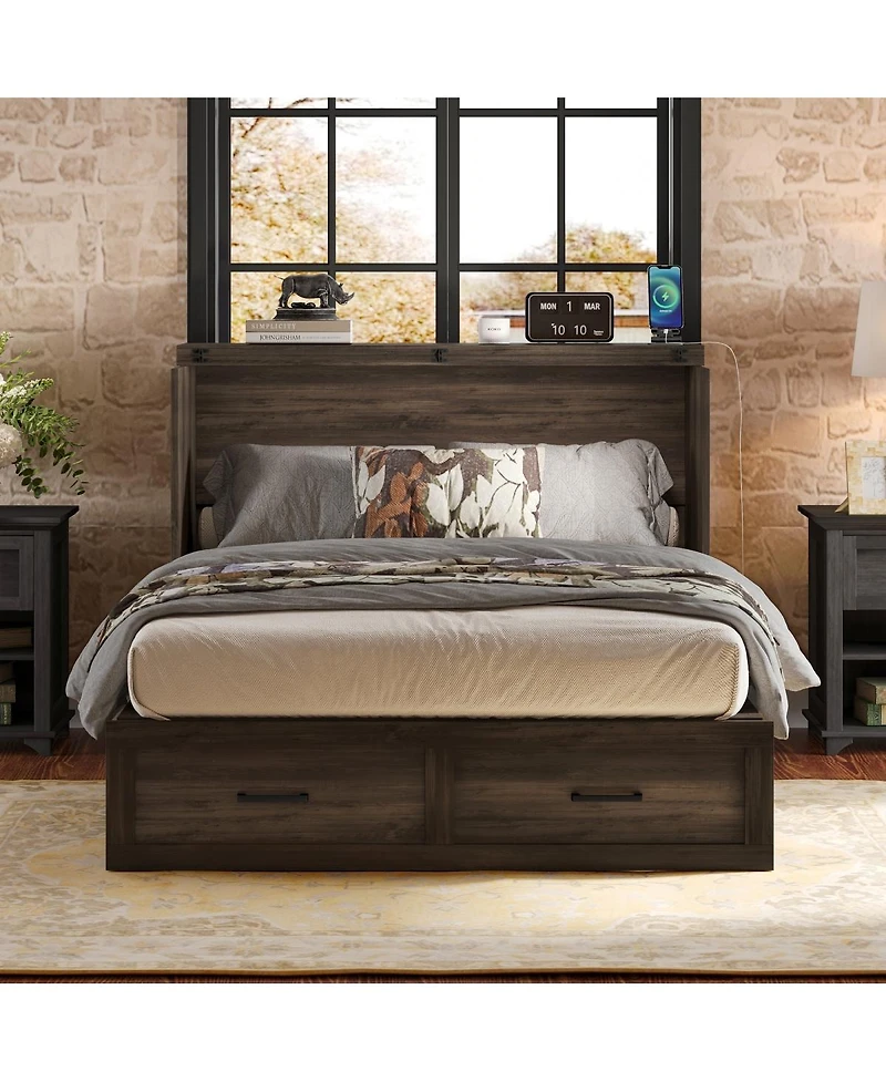 Streamdale Furniture Farmhouse Murphy Cabinet Bed with Charging Station and Storage Rustic