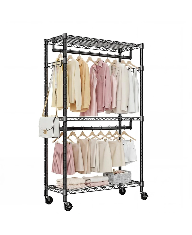 Streamdale Furniture Heavy Duty 3-Tier Rolling Garment Rack with 2 Rods and Side Hooks