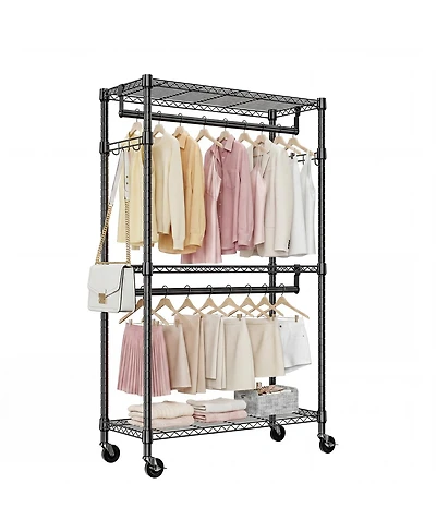 Streamdale Furniture Heavy Duty 3-Tier Rolling Garment Rack with 2 Rods and Side Hooks