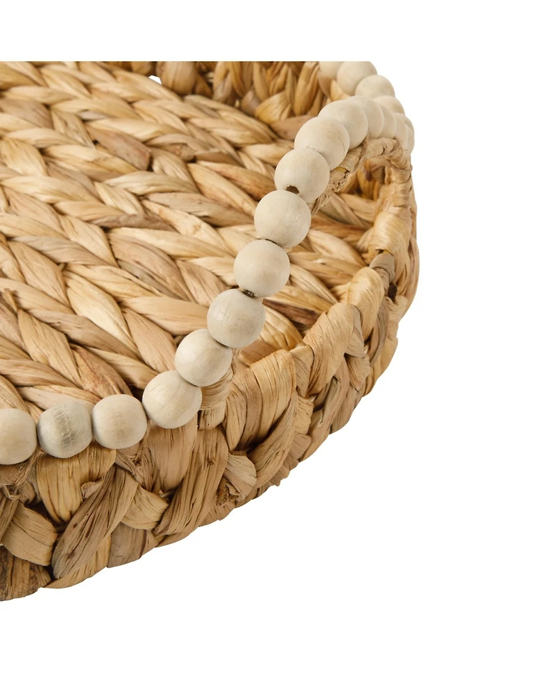 Gibson Home 17-Inch Woven Decorative Serving Tray – Large Natural Water Hyacinth Basket with Wood-Bead Trim and Handles