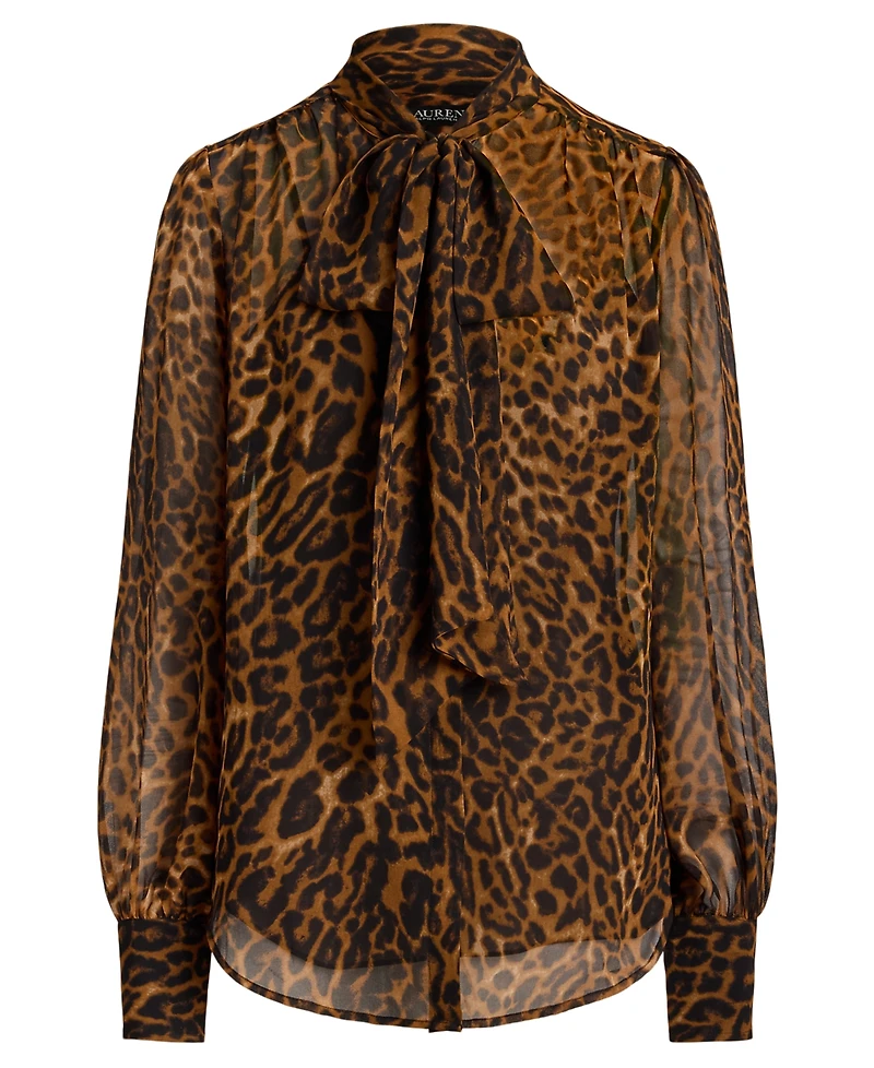 Lauren Ralph Petite Ocelot Print Chiffon Tie-Neck Blouse