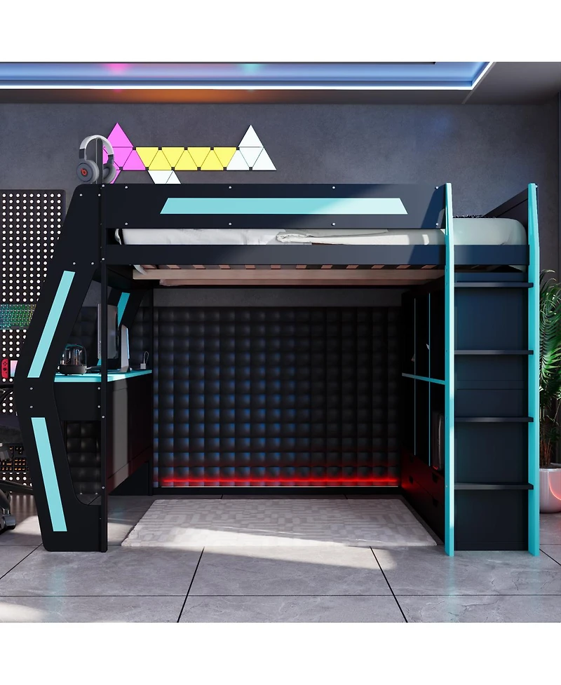 Streamdale Furniture Full Size Gaming Loft Bed with Desk Rgb Lights Storage and Staircase