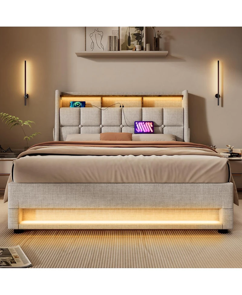 Streamdale Furniture Full Size Upholstered Hydraulic Storage Bed with Led and Charging Station