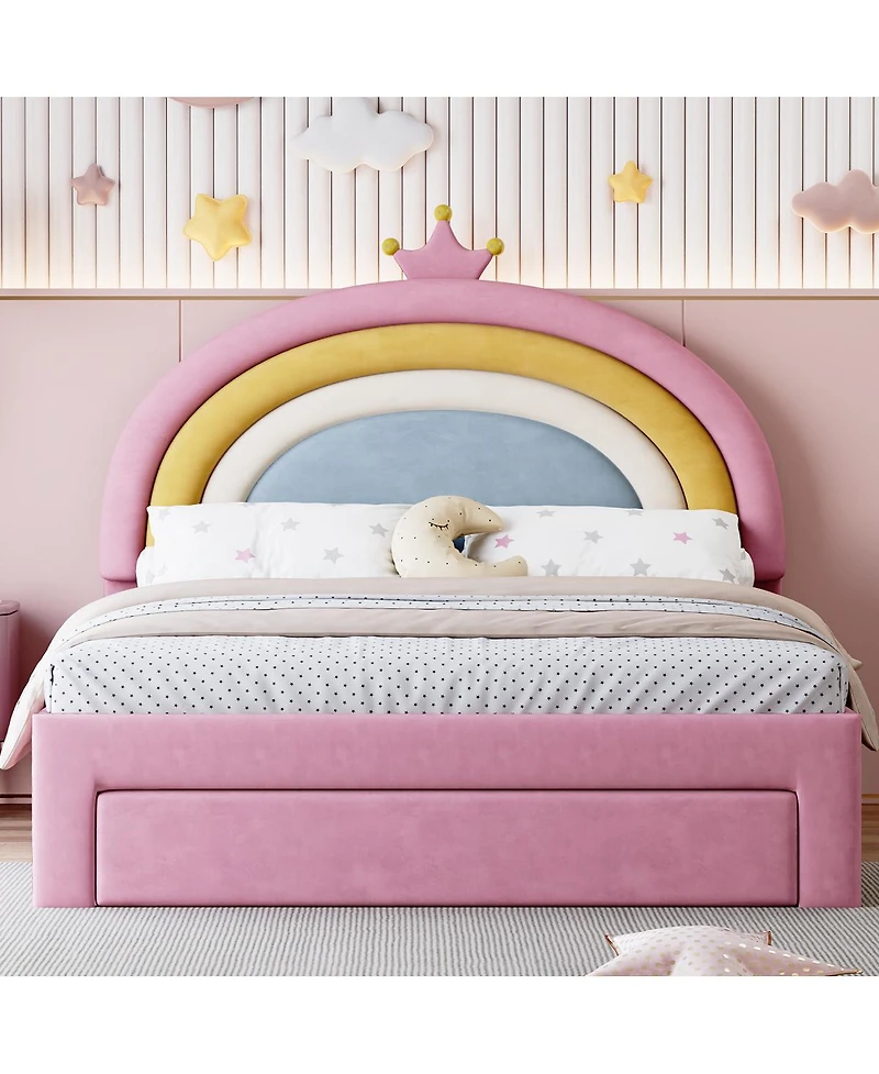 Streamdale Furniture Rainbow Velvet Upholstered Platform Bed with Storage Drawer