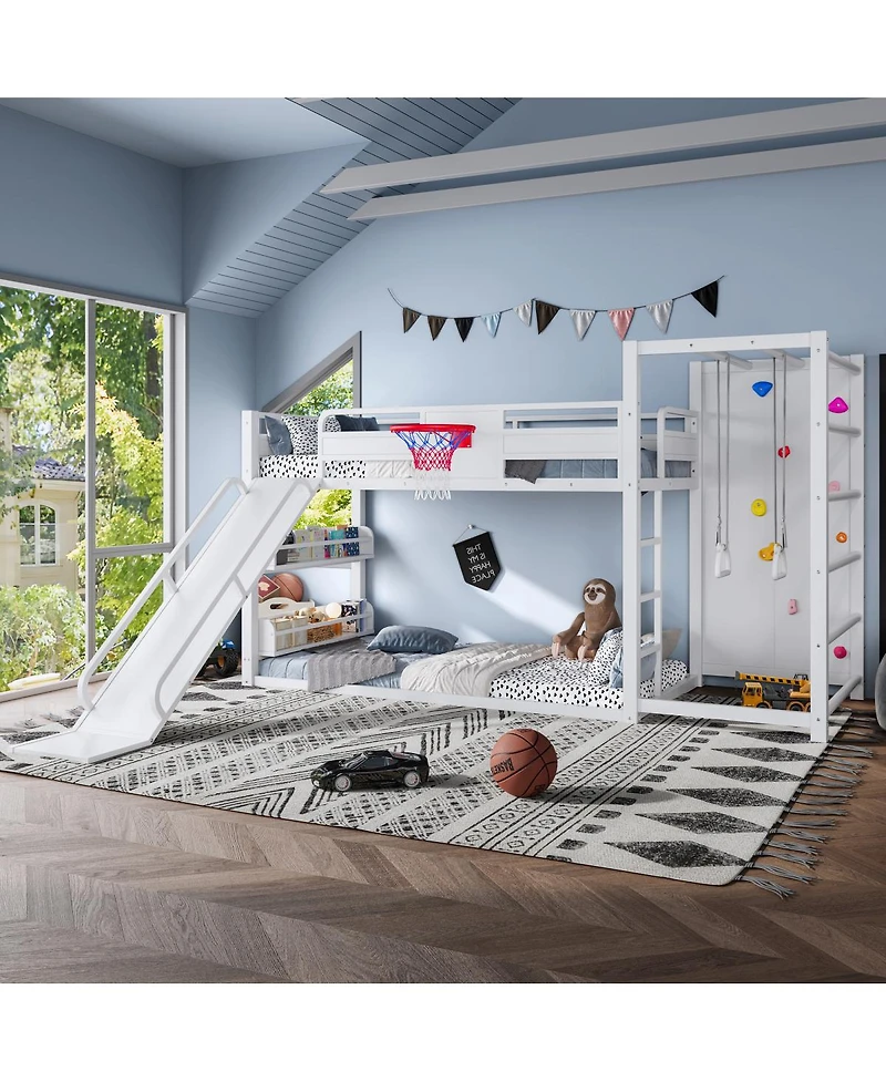 Streamdale Furniture Loft Bed with Basketball Hoop Climbing Wall Slide and Bookshelves