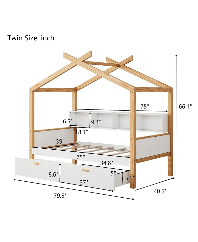 Streamdale Furniture Twin Size Wooden House Bed with Storage Drawers and Bookshelf