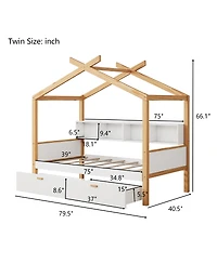 Streamdale Furniture Twin Size Wooden House Bed with Storage Drawers and Bookshelf