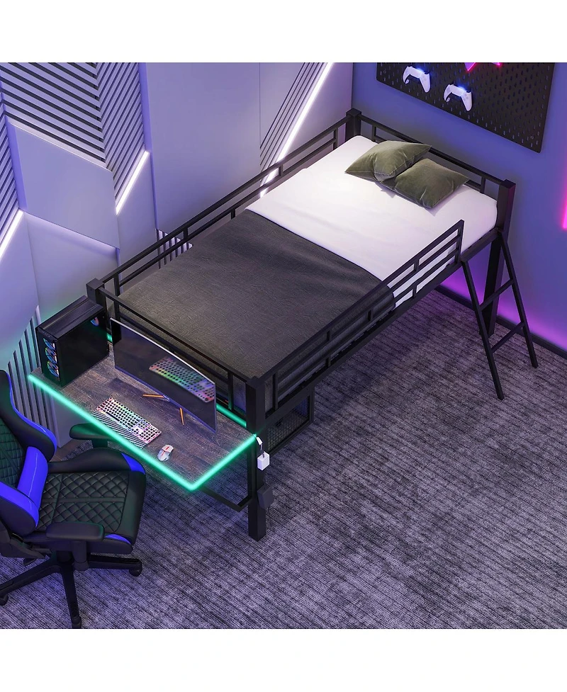 Streamdale Furniture Gaming mid loft bed with desk Led Twin