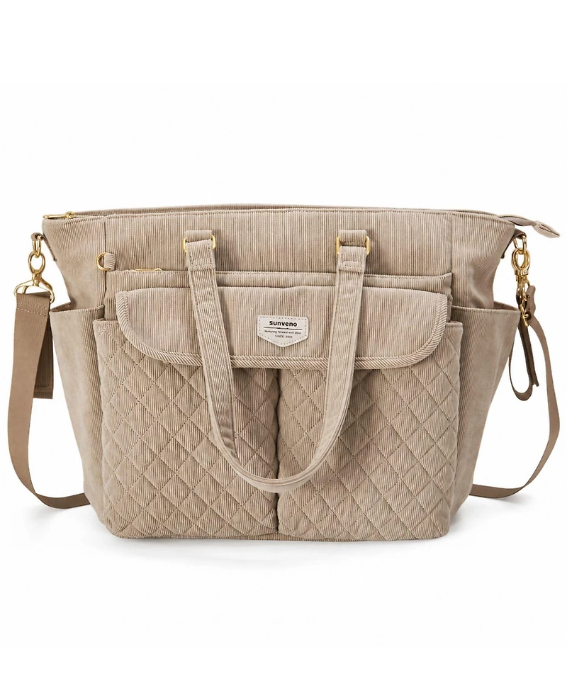 Sunveno Corduroy Quilted Diaper Bag Tote with Changing Pad