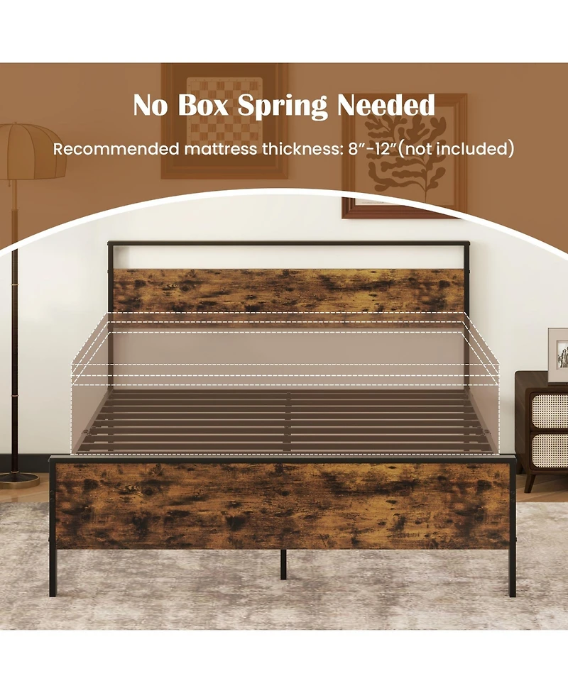 Sugift Queen Size Metal Bed Frame Industrial Platform Bed with Wooden Headboard