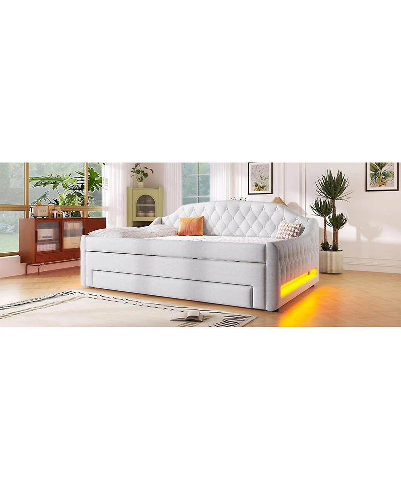 Streamdale Furniture Upholstered Full Size Daybed with Led Belt Trundle and Three Drawers