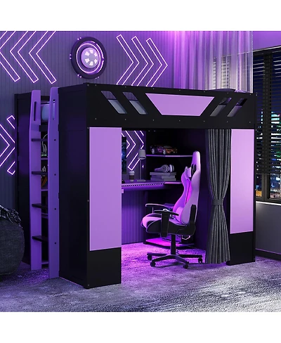 Streamdale Furniture Full Size Wood Loft Bed with Shelves Curtains and Rgb Lights