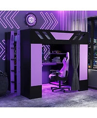 Streamdale Furniture Full Size Wood Loft Bed with Shelves Curtains and Rgb Lights