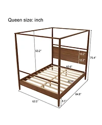 Streamdale Furniture Solid Wood Four-Poster Canopy Bed Frame Queen Walnut