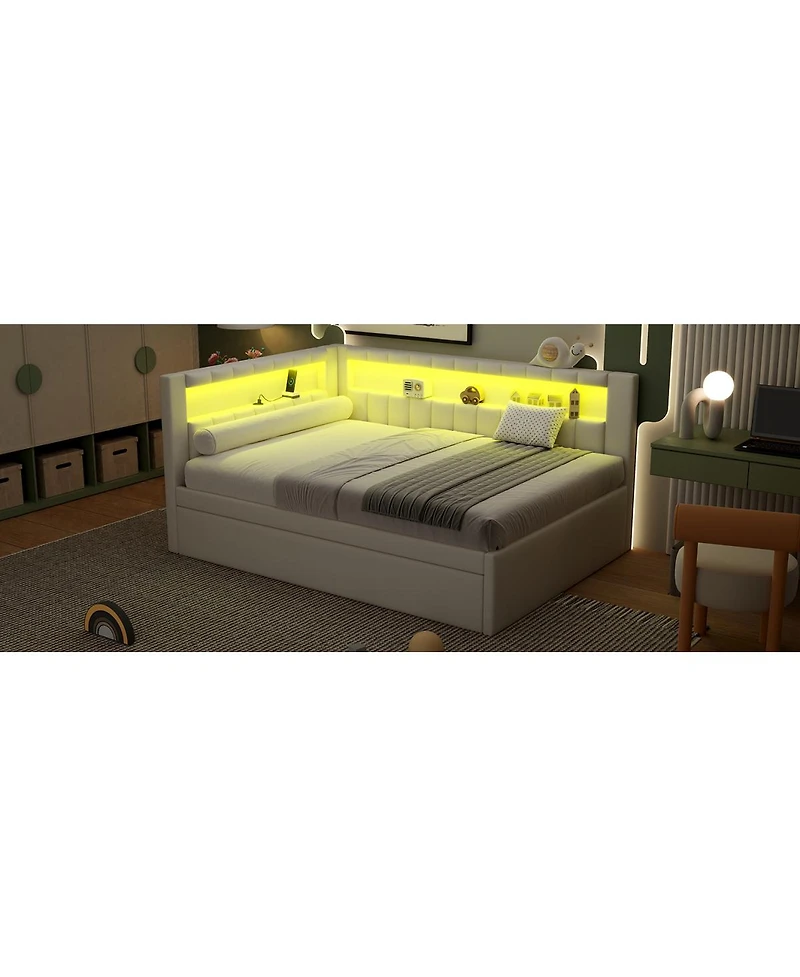 Streamdale Furniture Full Size Upholstered Platform Bed with Led Usb Ports and Trundle