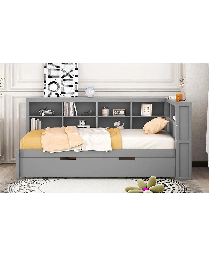 Streamdale Furniture Wooden Twin Daybed with Trundle Storage Shelf and Usb Ports